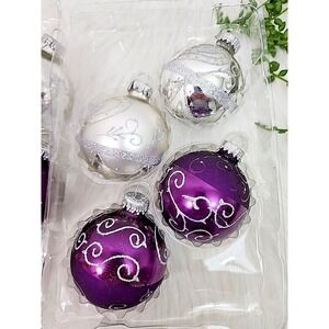 Krebs Silver And Purple Christmas Ornaments With Silver Glitter‎ Swirl 8 Pc NEW